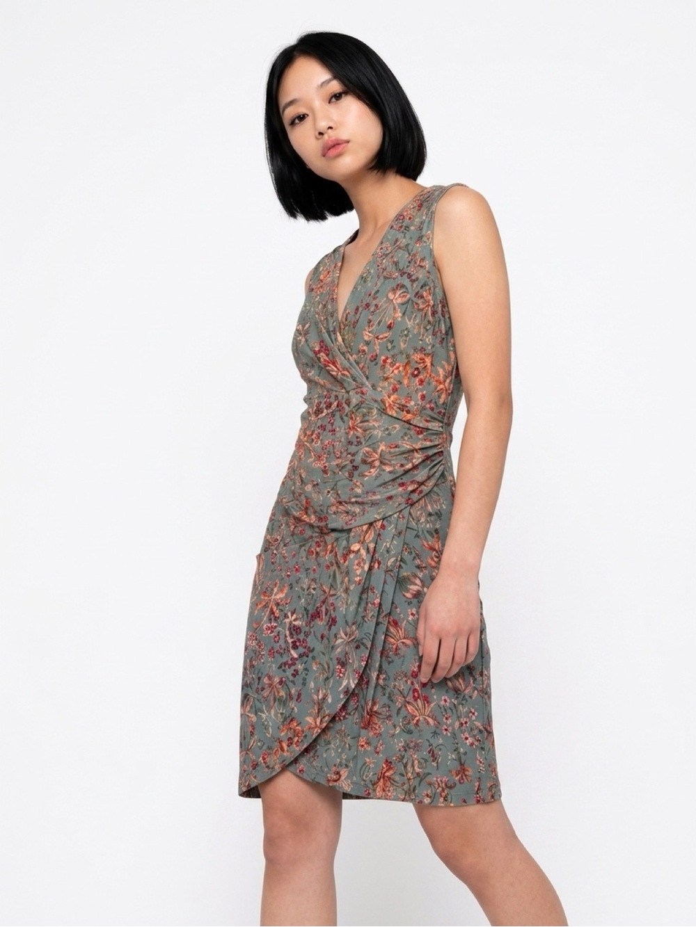 Peruvian Connection Floral Ruched Faux Wrap Jersey Dress Small